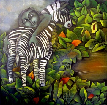 Indian Painting - zebra and a boy Indian